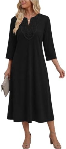ZEAGOO 3/4 Sleeve Dress for Women Midi Dresses V Neck Lace Casual Sundress