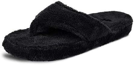 Acorn Women's Spa Thong Slippers with Cloud Contour Comfort - Arch Support and Plush Fluffy Terry Lining, Perfect for Beach, Camping, Poolside, or Bathroom Wear, Black, 11 - 12