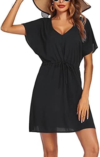 Ekouaer Womens Apparel, Short Sleeve Beachwear Coverups, Loose V-Neck Bikini Beach Tunic Top, Black, Medium