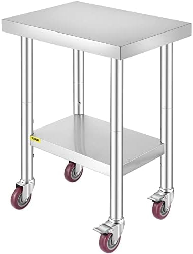 Mophorn 24x18x34 Inch Stainless Steel Work Table 3-Stage Adjustable Shelf with 4 Wheels Heavy Duty Commercial Food Prep Worktable with Brake for Kitchen Prep Work