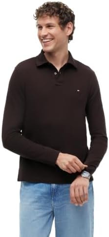 Tommy Hilfiger Men's Long Sleeve Polo Shirts in Regular Fit with Stretch and Organic Pique Cotton, Also Available in Big & Tall, Chocolate Small