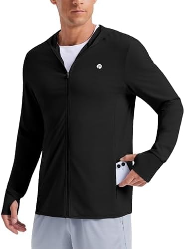 PINSPARK Men's UPF50+ Full Zip Outdoor Hoodies Lightweight Sun Protection Long Sleeve Jacket for Fishing Hiking with Pockets Black M