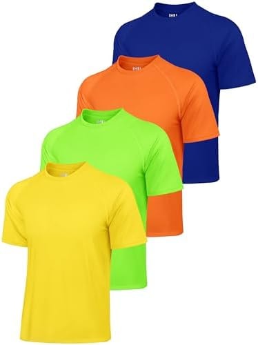 IHU 4 Pack Mens Rash Guard Swim Shirts Short Sleeve UPF 50+ Neon Rashguard