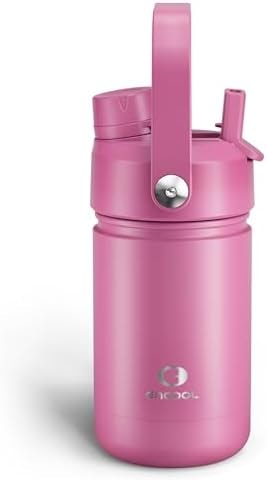 Kids Insulated Water Bottle with Straw - 12oz Stainless Steel Water Bottle with Dual Spouts, Leak-Proof, BPA-Free, Double Wall Vacuum Keeps Cold for 24 Hours for Sports, Travel, School (Turkish Rose)