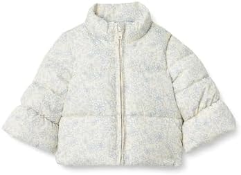 Amazon Essentials x Sofia Grainge Toddler Girls' Heavyweight Fleece Lined Taffeta Puffer Jacket, Ivory Blue Outlined Blooms, 3T