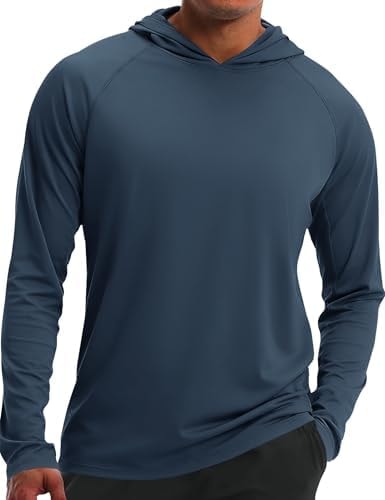 iWoo Smooth Flatlock Seams Sun Protection Hoodie Chafing-Free Long Sleeve Athletic Pullover for Training (Grey Blue, L)