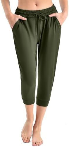 Walifrey Capri Pants for Women with Pockets, Cropped Joggers Drawstring Sweatpants for Lounging Workout and Gym OliveGreen,1 Pack OliveGreen S