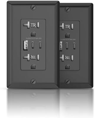 ALASTECH 2Pack USB Wall Outlet, 30W 6.0 Amp Charging Power Outlet with Dual Type C & A Ports, 20A Tamper-Resistant Receptacle Plug, ETL & FCC Listed, Wall Plate Included, Black