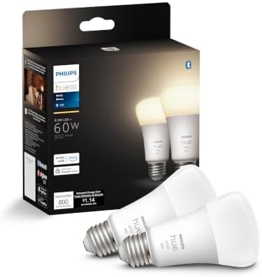 Philips Hue Smart 60W A19 LED Bulb - Soft Warm White Light - 2 Pack - 800LM - E26 - Indoor - Control with Hue App - Works with Alexa, Google Assistant and Apple Homekit