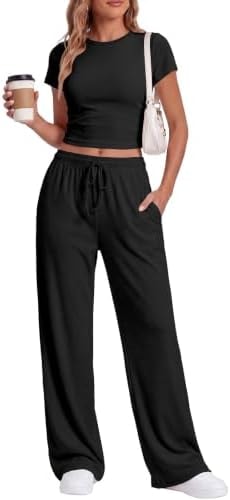 LanGui 2 Piece Matching Lounge Set Women Black XL,Summer 2026 Side Ruched Top Wide Leg Pants Travel Vacation Airport Workout Outfit