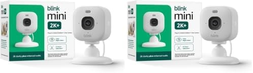 Blink Mini 2K+ – Plug-in Home & Pet Indoor Security Camera with 2K video resolution, night vision, enhanced audio, motion detection – 2 cameras (White)