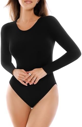 SINOPHANT Long Sleeve Bodysuits for Women Crew Round Neck Tops Black M
