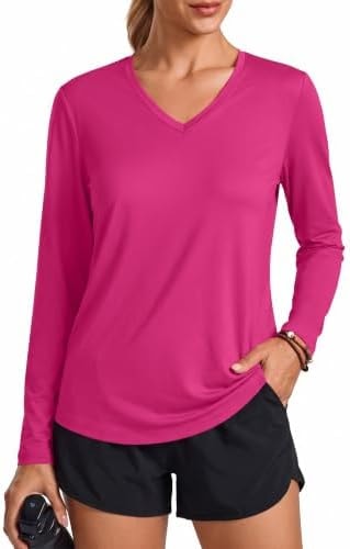 PINSPARK Long Sleeve Shirts for Women Ultra Soft V Neck Workout Tops UPF 50+ Sun Shirt Athletic Running Hiking Top,Rose Red M