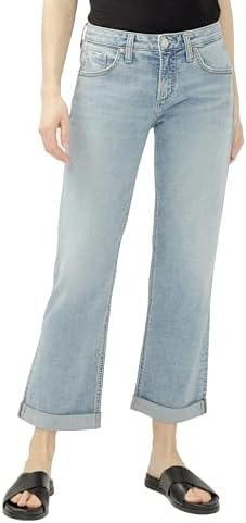 Silver Jeans Co. Women's Chelsea Boyfriend Mid Rise Slim Leg Jeans, Light Wash, 33W x 29L