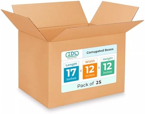 Medium Shipping & Moving Boxes 17"L x 12"W x 12"H (25-Pack) - Extra Strength 200 lb vs Regular - Corrugated Cardboard Box, Made in USA - Medium Moving Box - Packing Box by IDL Packaging
