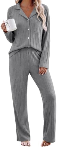 Ekouaer 2 Piece Pajamas Sets for Women Long Sleeve Ribbed Knit Loungewear