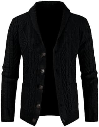 JMIERR Mens Wool Blend Shawl Collar Cable Knit Cardigan Sweater, L, Black