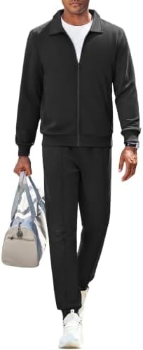 COOFANDY Men Black Athletic Tracksuit Training Sweatsuit Activewear Lightweight Full Zipper Turndown Collar 2 Piece Set