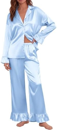 Ekouaer Satin Pajamas for Women Silk Pjs Long Sleeve Lounge Set with Ruffle
