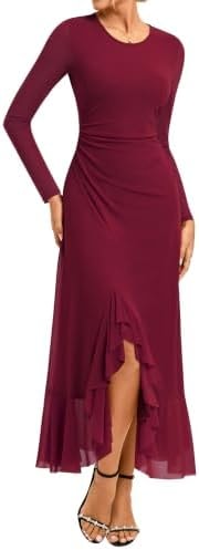 GRACE KARIN Fall Wedding Guest Long Sleeve Maxi Mesh Dress Wine 2XL
