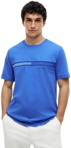 Tommy Hilfiger Men’s Short Sleeve Signature Stripe Graphic T-Shirt, Dazzling Blue XX-Large