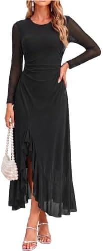 GRACE KARIN Fall Wedding Guest Long Sleeve Maxi Mesh Dress Black L