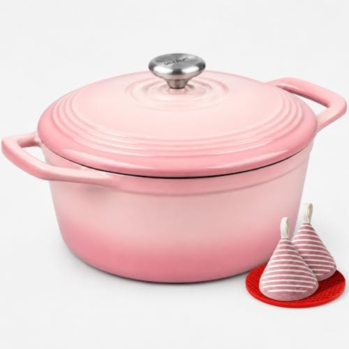Overmont Enameled Cast Iron Dutch Oven - 5.5QT Pot with Wide Handles Lid Cookbook & Cotton Potholders - Heavy-Duty Pre-Seasoned Cookware Oven Safe to 500°F for Braising, Stews, Roasting, Sourdough Baking