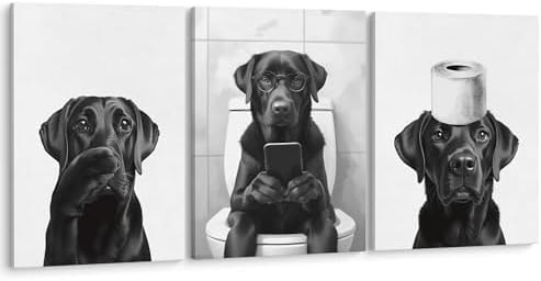 LUKIPOM Funny Black Labrador Retriever Bathroom Wall Art Canvas Prints Set of 3,Funny Black Lab Dog Wall Wall Art Posters for Bathroom Washroom Restroom Decor,11x14Inch Framed