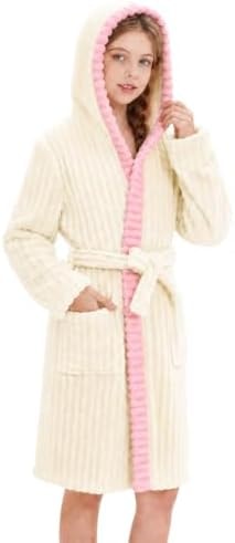 JiAmy Girls Boys Fleece Robes Hooded Kids Bathrobe Beige 13-14 Years