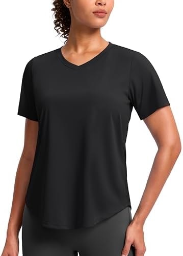 Womens Workout Shirts V-Neck Short Sleeve UPF 50+ Sun Shirt Moisture Wicking Dry Fit Top for Gym, Running, Athletic (Black, L)