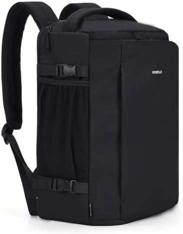 ECOHUB Travel Backpack for Men, Flight Approved Carry On Bag, Personal Item for Airplane Travel, Fits 17.3" Laptop, 30L Business Weekender, Black