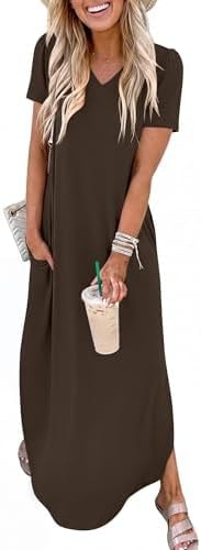 ANRABESS Women’s Summer Maxi Dress V Neck Short Sleeve Slit Side Shirt Dress Loose Fit Travel Beach Dress with Pockets Brown Small