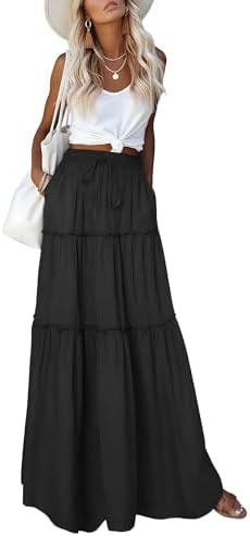 Aprolive Long Skirts for Women Boho Pleated A-Line Maxi Skirt Elastic High Waist Ruffle Skirts Floral Print Drawstring Dress with Pockets(1-Black,X-Large)