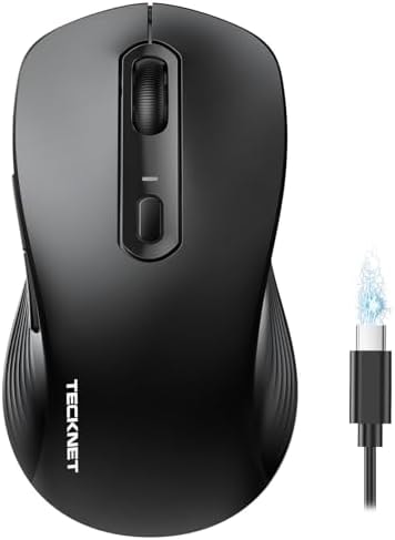 TECKNET Rechargeable Bluetooth Mouse, [ USB + BT5.0 + BT3.0 ] Wireless Mouse, Ergonomic Design, Silent Click, 6-Level 4800 DPI Wireless Mice, 3-Device Switching for Laptop, Computer, MacBook（Black）