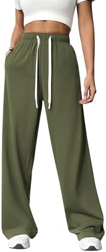 PINSPARK Women's High Waisted Sweatpants Wide Leg Athletic Pants Army Green