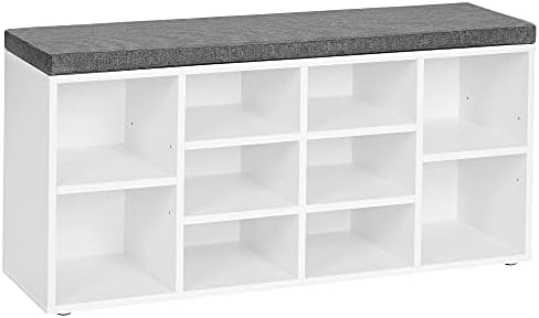 VASAGLE CUSTOS Collection - Shoe Bench, Storage Bench with Padded Seat, Entryway Bench with 10 Compartments, for Bedroom, 11.8 x 40.9 x 18.9 Inches, Cloud White and Dove Gray ULHS010W01