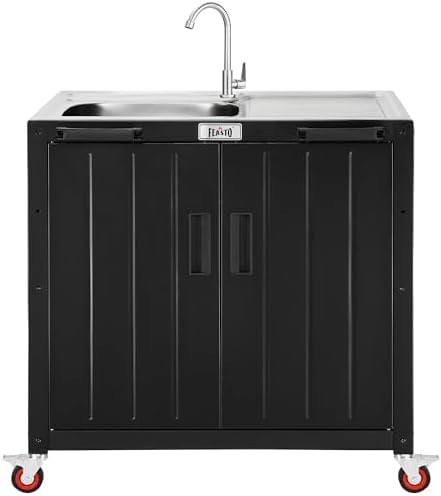 Feasto Outdoor Kitchen Island with Stainless Steel Sink and Storage Cabinet, 35-Inch BBQ Prep Station with Faucet & Lockable Wheels for Patio, Backyard, and Outdoor Cooking, Black & Silver