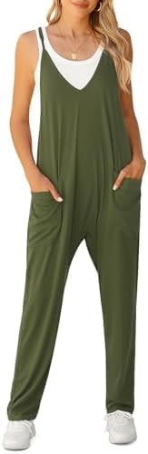 LILBETTER Women's Loose Casual V Neck Sleeveless Jumpsuits Adjustable Spaghetti Straps Long Pants Overalls With Pockets(Amry Green X-Large)