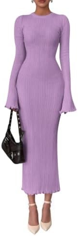 PRETTYGARDEN Women's Sweater Dress Long Sleeve Maxi Dresses,Purple,XL