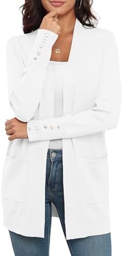 VIISHOW Women White Cardigan Sweater Lightweight Open Front Long Sleeve Soft Fine Knit Casual Trendy Kimono Cardigans with Pockets,White,Large