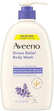 Aveeno Stress Relief Body Wash, Lavender Scent with Nourishing Prebiotic Oat, Sensitive Skin Body Wash for Normal to Dry Skin, Paraben-, Dye-, and Soap-Free, Value Size 33 Fl Oz