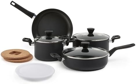 Amazon Basics Ceramic Non-Stick Pots and Pans Set with Glass Lids, Stackable, Space Saving, Oven Safe to 350°F, 10-Piece, Dishwasher Safe