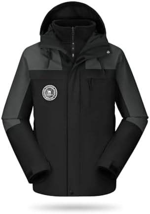CAMELSPORTS Men's Ski Jacket 3 in 1 Waterproof Winter Jackets Warm Snow Jacket Hooded with Inner Warm Fleece Coat Black Medium