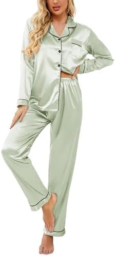 Ekouaer Women's Classic Button Down Long Satin Silk Pajama Set