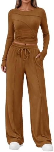 Lazysmile Lounge Sets For Women 2 Piece Sets Fall Outfits Long Sleeve Tops with Wide Legs Pants Casual Matching Set