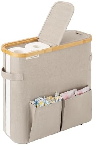 StorageWorks Toilet Paper Storage Baskets with Dual Flip Lids, Toilet Paper Organizer for Bathroom, Toilet Paper Container with Side Pocket, Holds 9 Mega or 12 Regular Rolls, Medium, Light Khaki