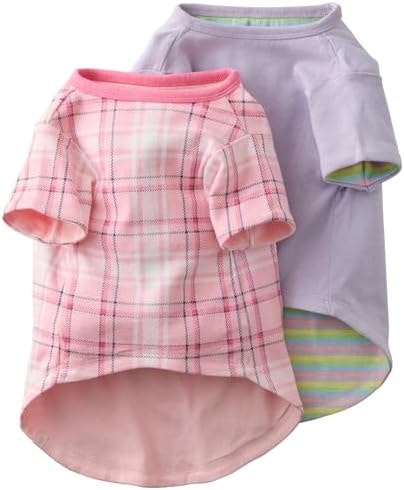 Pet Passion Rover Dog T-Shirt, Reversible, 2 Pack, Pink Preppy Plaid, Large