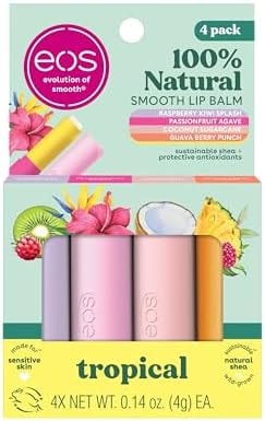 eos 100% Natural Lip Balms - Raspberry Kiwi Splash, Passionfruit Agave, Coconut Sugarcane, & Guava Berry Punch, All-Day Moisture Lip Care, 0.14 oz, 4-Pack