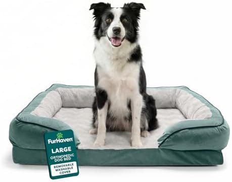 Furhaven Orthopedic Dog Bed for Large/Medium Dogs w/ Removable Bolsters & Washable Cover, For Dogs Up to 55 lbs - Plush & Velvet Waves Perfect Comfort Sofa - Celadon Green, Large
