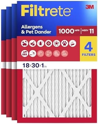 Filtrete 18x30x1 Air Filter, MERV 11, MPR 1000, Allergens & Pet Dander, 3-Month AC and Furnace Filters, Cleaner Air, Reliable Airflow, 4 HVAC Filters (Actual Size 17.68 x 29.68 x 0.81 in)